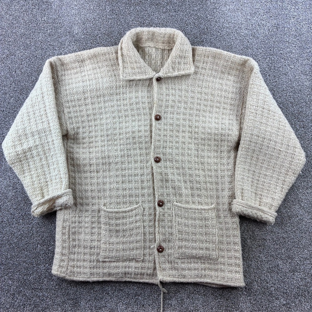 Vintage Cardigan Sweater Mens Large Beige Wool Knit Button Front Pockets